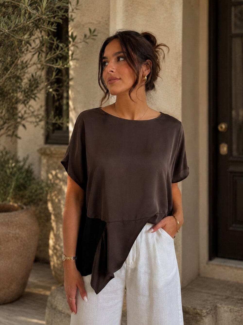 Pier Antonio Gaspari asymmetrical brown and black shirt with short sleeves